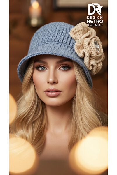 drt tasarım قبعة دلو زرقاء كبيرة مزينة بالزهور