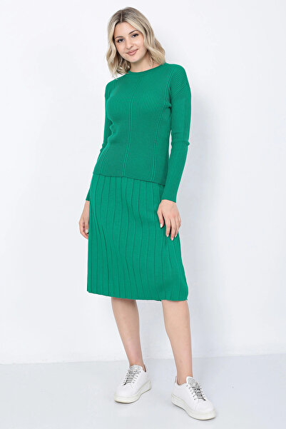 LUGMO Set de tricotaje pentru femei oversize verde, pulover și fustă plisată