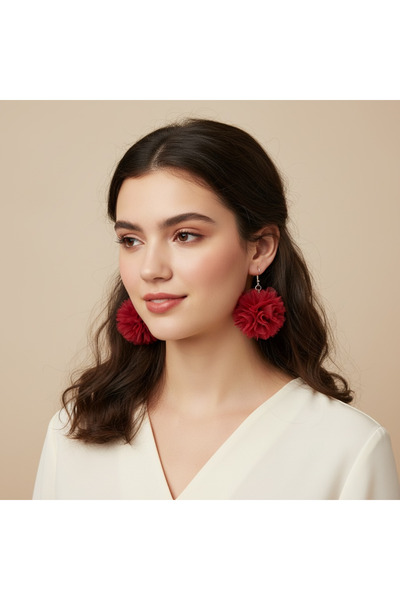 BTRENDY Çiçekli kırmızı sallanan küpe,düğün,nişan,kına,nedime,bride to be