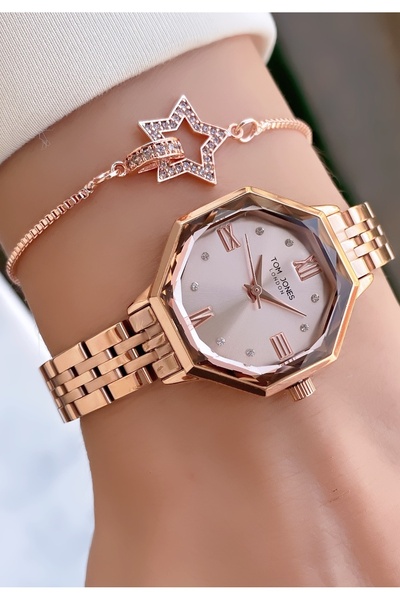 Tom Jones ساعة يد نسائية ذات لون أصفر وفضي، ضمان لمدة عامين، حافظة صغيرة بحبل رفيع - هدية سوار