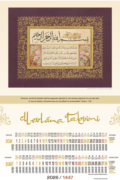 Mevlana Büyük Boy Hat Takvimi 6 Yapraklı 2026