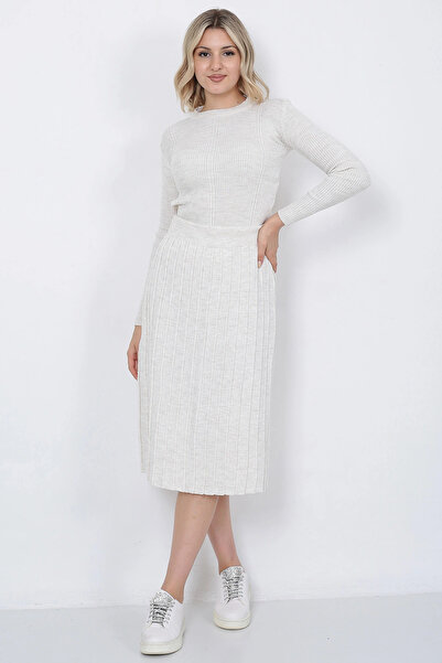 LUGMO طقم سترة نسائية محبوكة كبيرة الحجم وتنورة مطوية - شعر محبوك، لون حجري