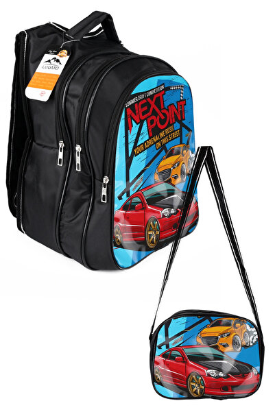 LUGMO Ortaokul İlkokul Çantası ve Beslenme Çantası 3 Cepli Pedli Araba Siyah