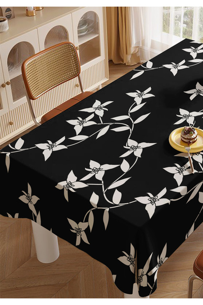 ALAMODECOR Black and White Floral Kitchen Living Room Tablecloth