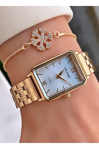 Tom Jones Marka Altın Renk Küçük Kasa Şık Kadın Kol Saati - Bileklik Hediyeli