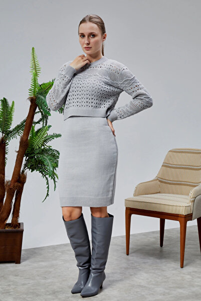 LUGMO طقم تريكو نسائي، سترة مثقوبة وفستان بحمالات، مقاس قياسي، رمادي