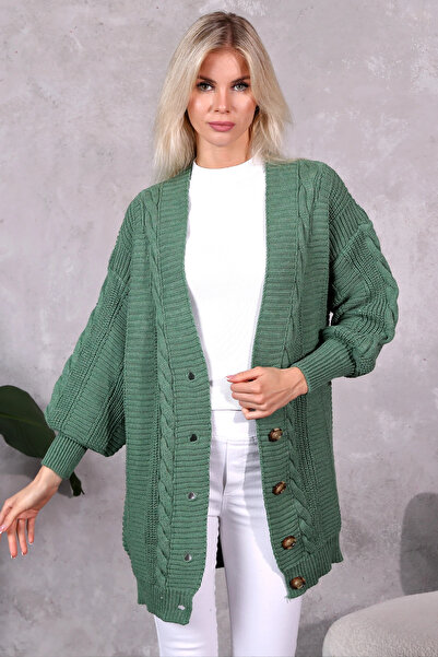 LUGMO كارديجان نسائي محبوك 5 أزرار كارديجان منقوش باللون الأخضر (80 سم)