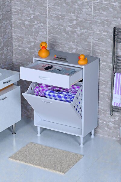 Eliusta Asil 55 cm Kirli Çamaşır Sepetli Banyo Dolabı 1 Çekmeceli Mutfak Çok Amaçlı Dolap 55x88x32,5 cm