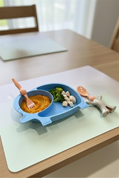 Bayev Erkek Çocukları İçin 3 Parça Mama Seti Fil Mavi