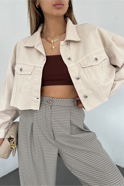 Fav Style Jachetă de blugi oversize crop pentru femei, cu șase tăieturi, fără cusături, cu nasturi și buzunare duble, bej deschis