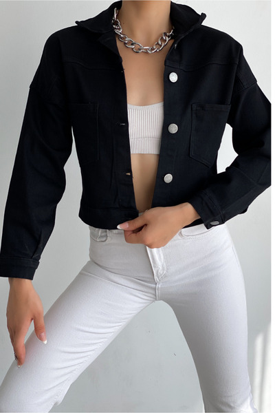 Fav Style Kadın Düğmeli Çift Cepli Crop Denim Ceket Siyah