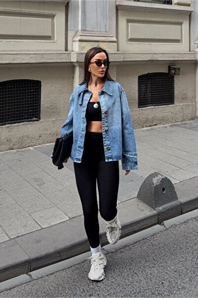 Fav Style Kadın Yaka Detaylı Rahat Kesim Kot Ceket Mavi