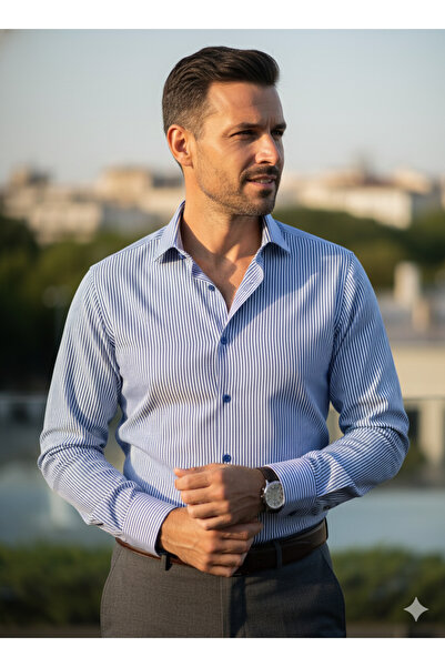 YusGos Men's Long Sleeve 100% Cotton Striped Regular Fit Shirt