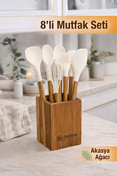 naturelove 8 Parça Mutfak Seti – Akasya Saplı Silikon Kepçe & Spatula & Çırpı...