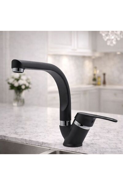Viosa Mat Siyah Köşe Borulu Mix Mutfak Lavabo Bataryası