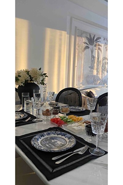 NURHAN HOME COLLECTION 6 Adet Kolberli Siyah Keten Kumaş Amerikan Servis Supla