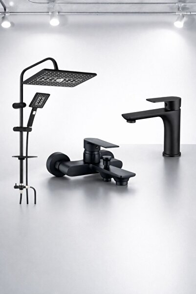 Viosa Siyah Flora Yağmurlama Duş Seti 3 Yollu Arıtma Lavabo Banyo Batarya Mus...