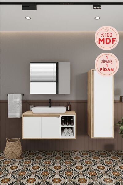 BALNEOM Lale Beyaz 90 Cm %100 Mdf Lavabolu Banyo Dolabı + Boy Dolabı