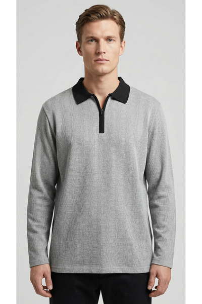 GW Vatra Men's Regular Fit Polo Neck Zippered Textured Jacquard Knit Sweater - Ecru