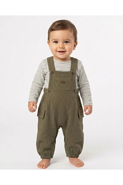 Babydola Bebek Unisex Haki Müslin Salopet ve Çizgili Body 2'li Takım