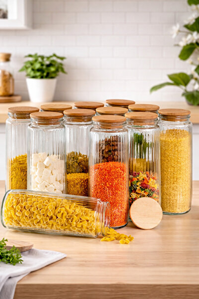 Mutfak Köşesi مجموعة من 12 برطمان زجاجي بغطاء خشبي، مجموعة من 1500 مل