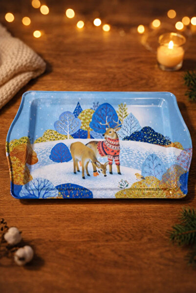 esdekor Christmas Themed Metal Serving Tray with Deer Motif 24.5X15.7Cm 1 Piece Gold Color Decorative on the Back