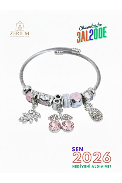 ZERİUM Modern Çelik Şık Kadın Charm Bileklik Pembe Kiraz ve Ananas