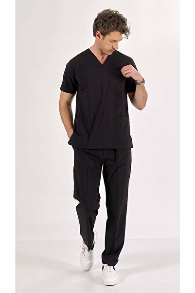 Uçak Medikal Costum pentru bărbați, negru, U flex Lycra Jersey Scrubs, mânecă...