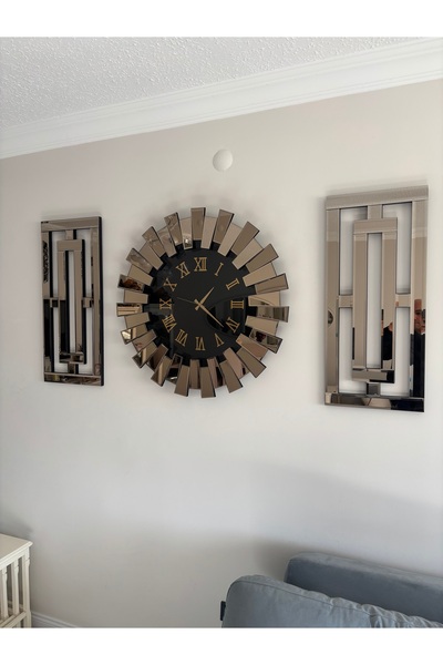 Amisos Dekor Bronz Aynalı Piyano Saat Üçlü Takım – 80 cm Saat, 90×35 cm Sütunlar, MDF Yapı, Modern Dekor