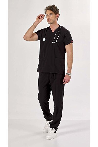 Uçak Medikal Siyah U-flex Likralı Cerrahi Takım