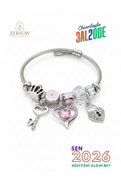 ZERİUM Modern Çelik Şık Kadın Charm Bileklik Kilit Pembe Kalp ve Anahtar