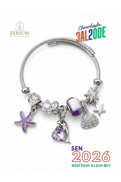 ZERİUM Modern Çelik Şık Kadın Charm Bileklik Deniz Kabuğu ve Yunus Balığı