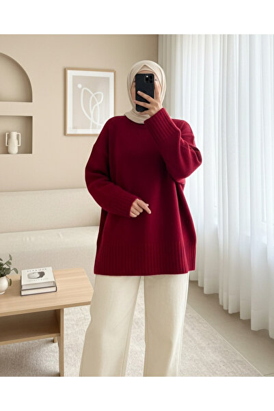 HİJABAYA Bisiklet Yaka Eteği Fitilli Salaş Triko Kazak