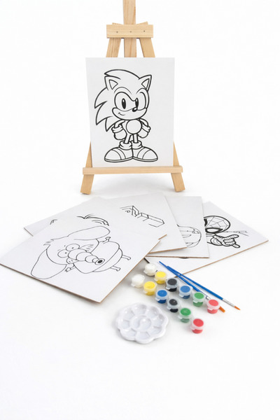 Edu&Hobby Masaüstü Şövale Tuval Seti- 6 Adet Mdf Tuval+Boya+Fırça+Palet- Hobi Boyama ve Resim Seti