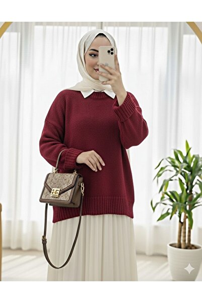 HİJABAYA Crew Neck Skirt Corded Fabric Loose Knitwear Sweater