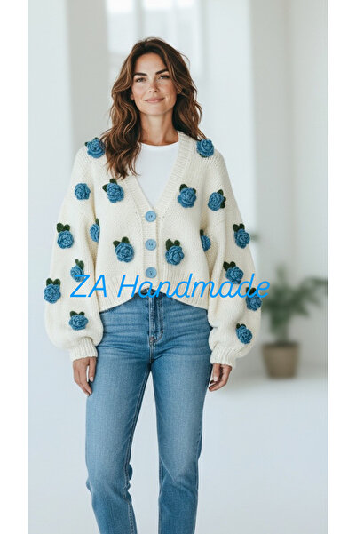 ZAHandmade Hand-Knitted Cardigan Model with Roses