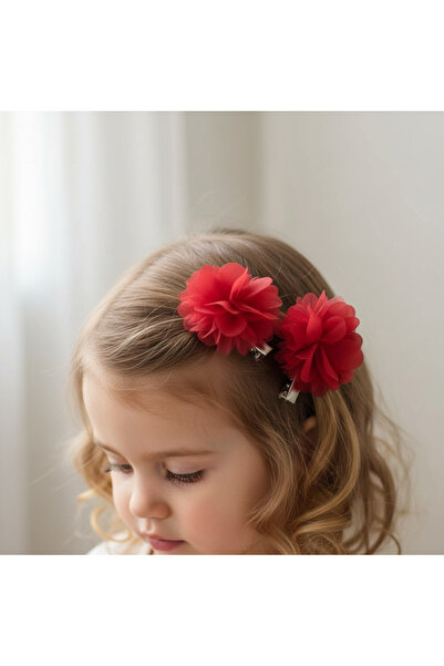 BTRENDY Kız çocuk çiçekli dolgun 2’li klips toka kırmızı