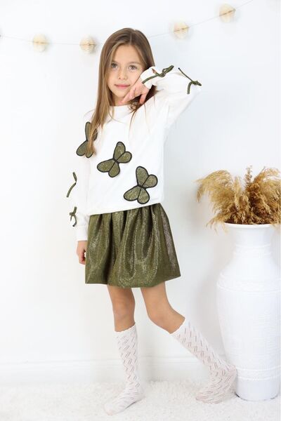 Aselin Kids Girl's Butterfly Patterned Skirt Set Top and Bottom Set