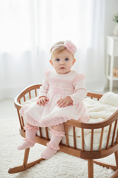 Miniday Baby Kız Bebek Mevlütlük Elbise Dantelli Bandanalı