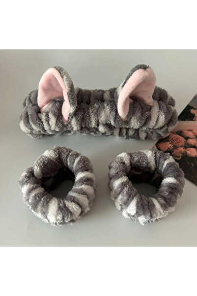 Choice طقم من 3 قطع باللونين الرمادي والأبيض، طوق رأس مخملي لطيف بنقشة آذان ق...