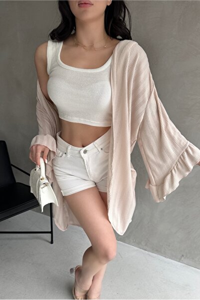 Fav Style Women's Beige Sleeve Spring Cardigan Flounce Three Quarter Sleeves