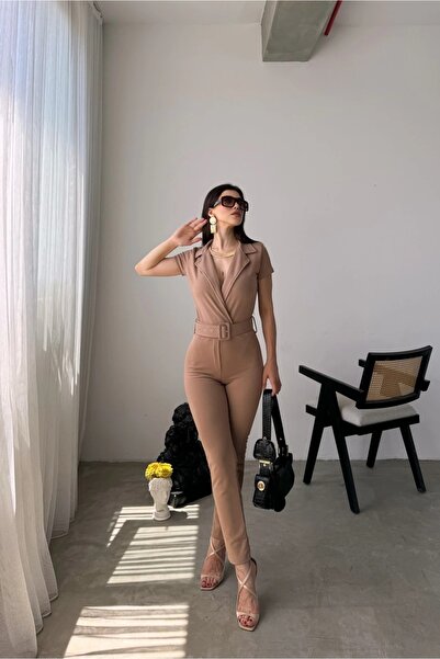 Fav Style Kadın Kruvaze Yaka Kemerli Tulum Camel