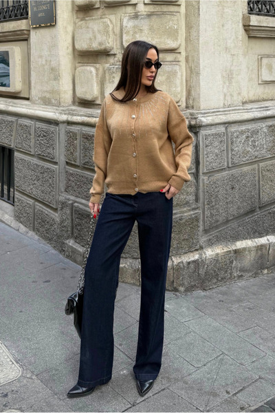 Fav Style Cardigan cu nasturi brodat cu piatră guler rotund pentru femei Camel