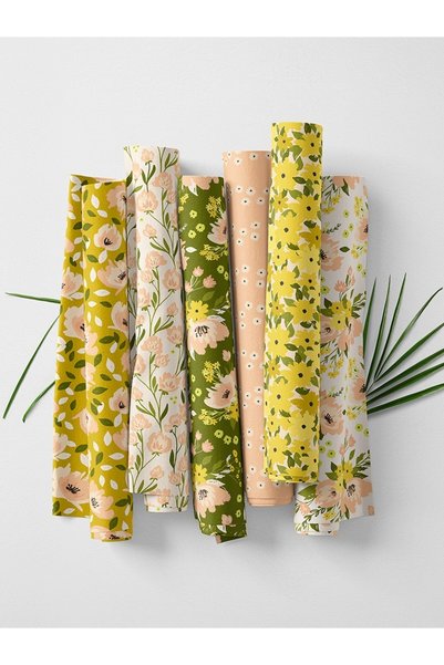 FabricMarket نسيج ساتان قطن 100% - 6 أنماط زهور، ألوان صفراء وأخضر، للترقيع والخياطة
