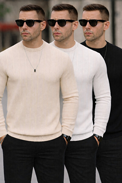 zaos fashion 3lü set erkek triko kazak sweat siyah beyaz krem ultra kalite