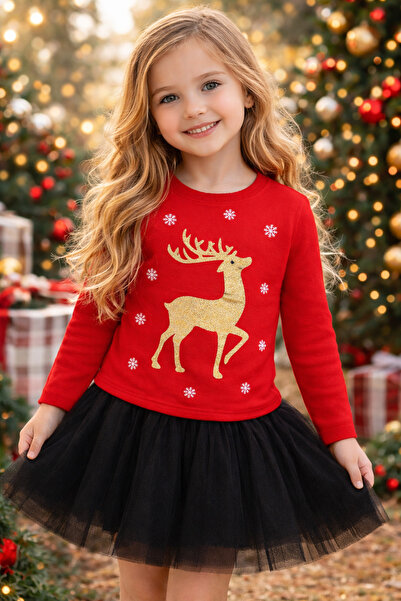 Atabay Kids Red Kids Sweatshirt - Gild Print, Deer Christmas Design