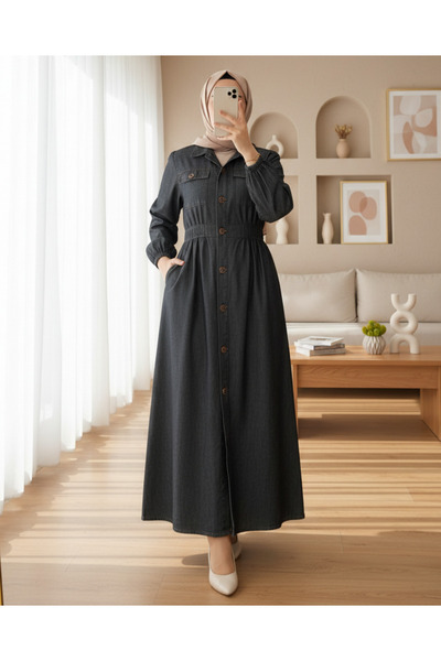 HİJABAYA فستان من الدنيم بأزرار وجيوب مزدوجة وأكمام مطاطية