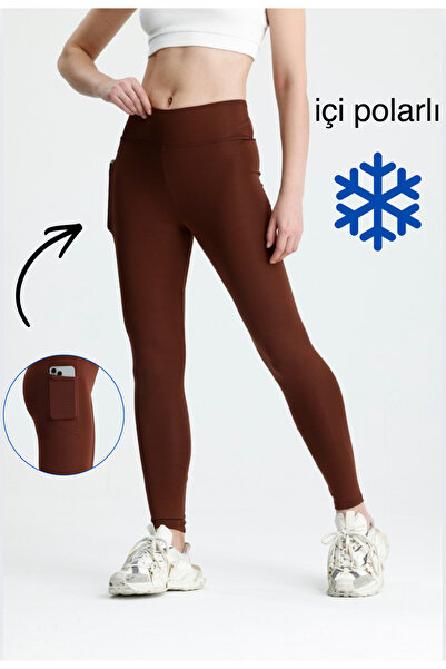 glanour Γυναικείο καφέ χειμερινό κολάν με ψηλόμεσο φλις εσωτερικό και εφέ σύσ...