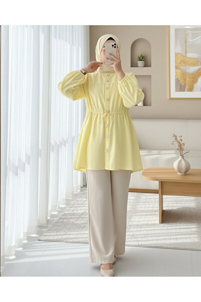 Modamorfo قميص بأزرار حجرية وأكمام مطاطية وتفاصيل ربط - أصفر