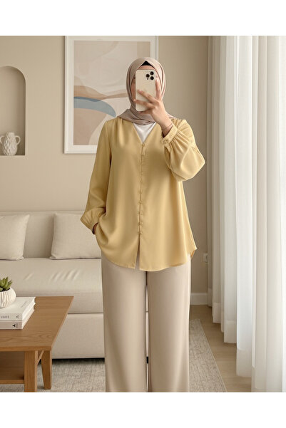 HİJABAYA V Yaka Düğmeli Arkası Uzun Gömlek